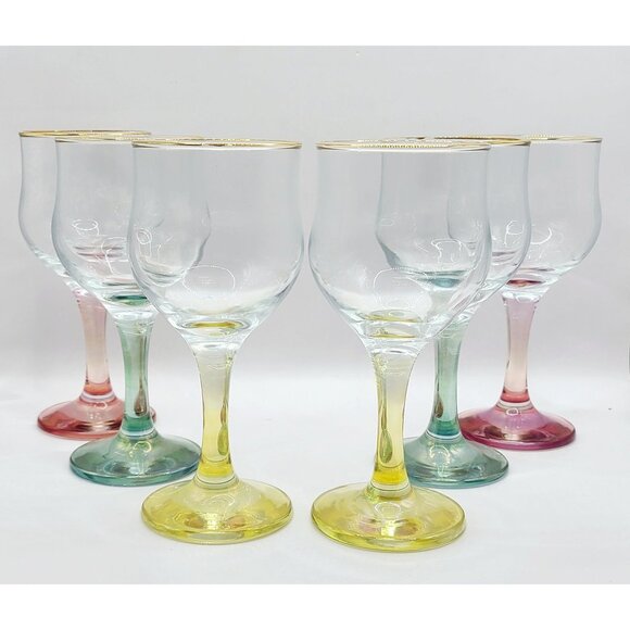 Cristalleria Fratelli Set Of 6 Iridescent Pastel Stemmed Wine Glasses Gold Rim - Picture 1 of 12